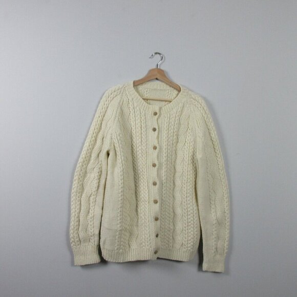 Handknit Sweater Women's Button Up Grandma Cable Knit Cardigan Ivory Wool L 820 - Picture 1 of 11